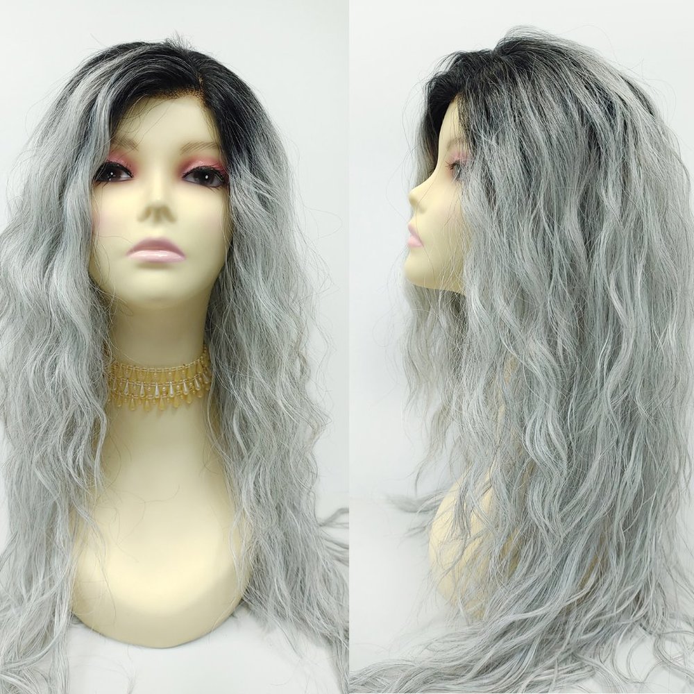 COPY - Gray long wavy lace front heat resistant wig